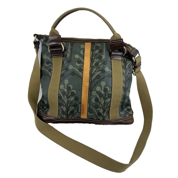 Orla Kiely Coated Cotton Tote Bag Crossbody Large Zip Green Brown Leather Bottom - Picture 1 of 15